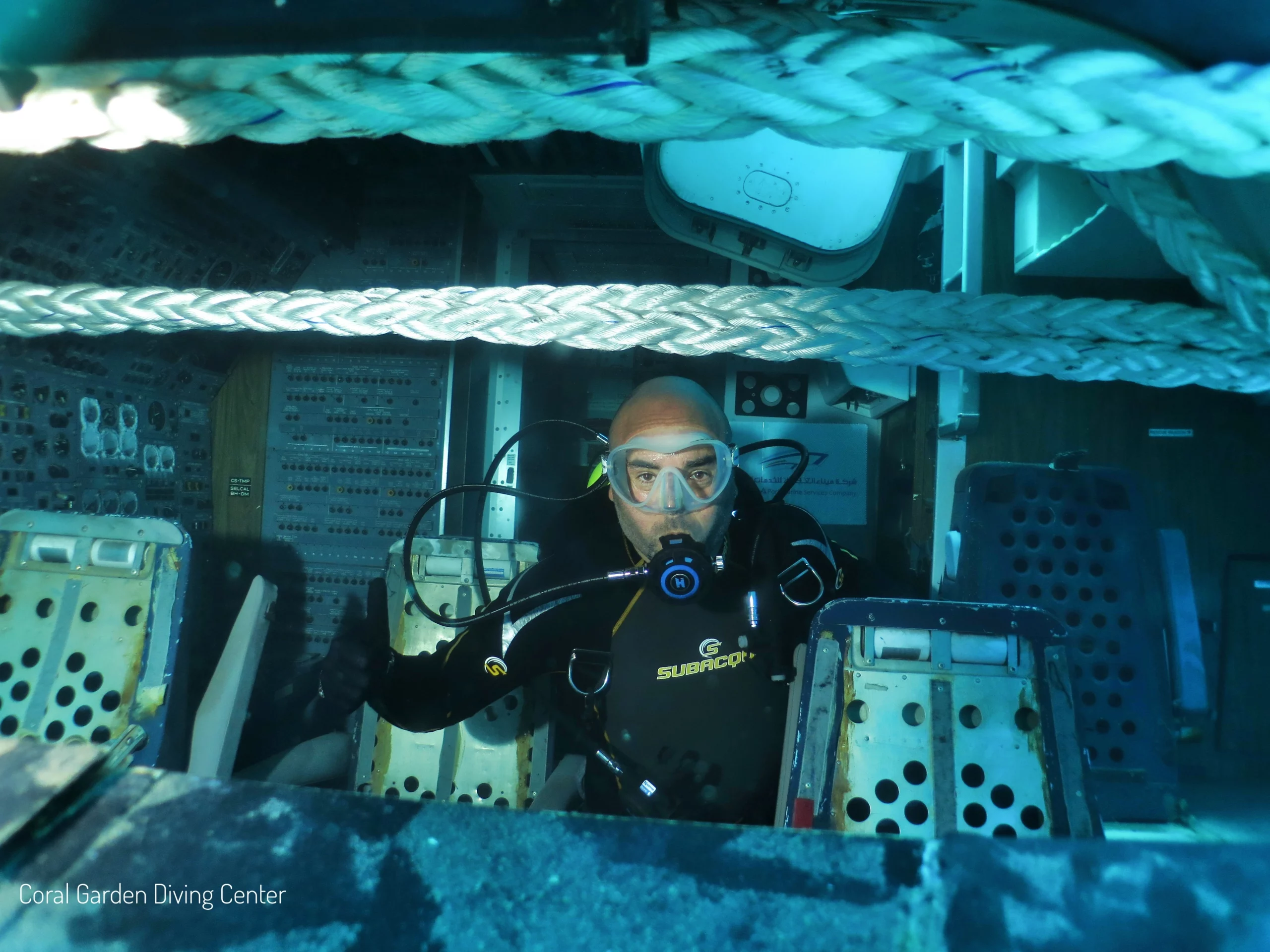 diving inside the Tristar airplane diver inside airplane cockpit